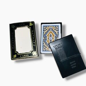 Vintage KEM Pinochle Plastic Playing Cards Paisley Blue Gold USA Case & Sleeve